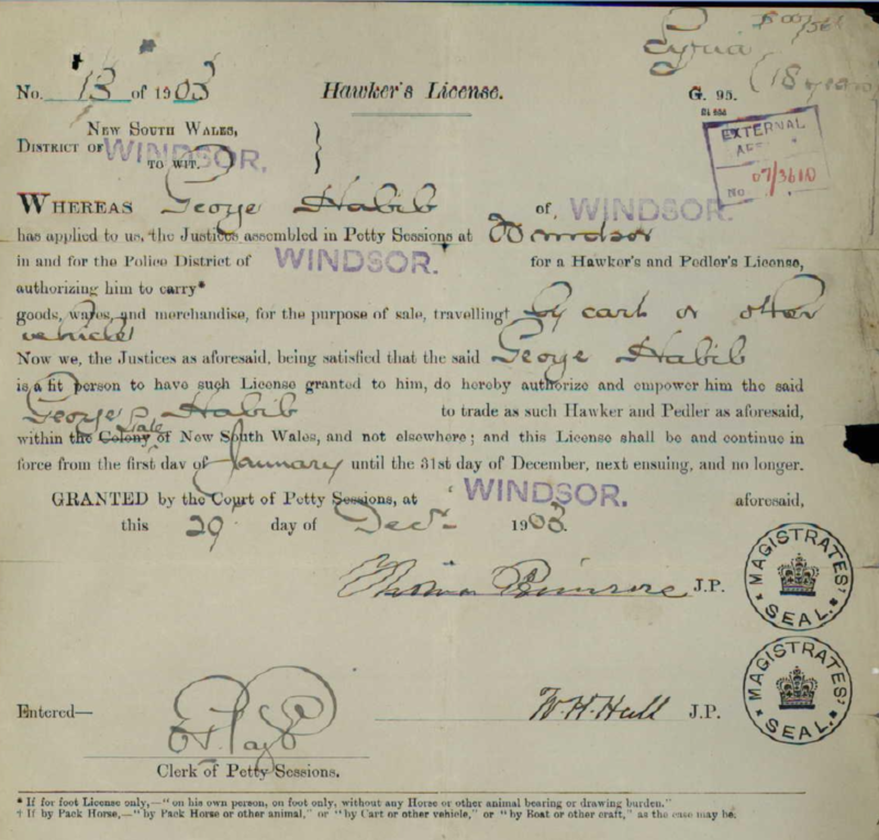 Hawker’s License issued to George Habib in Windsor, NSW, on 29 December 1903
