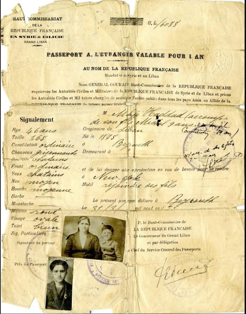 French passport issued to Mihje Haddad and two underage sons in 1921 French passport issued to Mihje Haddad and two underage sons in 1921