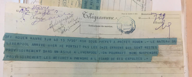 French telegram confirming that the 11 migrants had remained in Liverpool French telegram confirming that the 11 migrants had remained in Liverpool