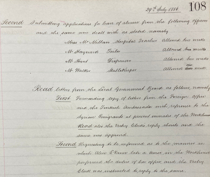 Extract from the Workhouse Committee Minute Book, 29 July 1886 Extract from the Workhouse Committee Minute Book, 29 July 1886